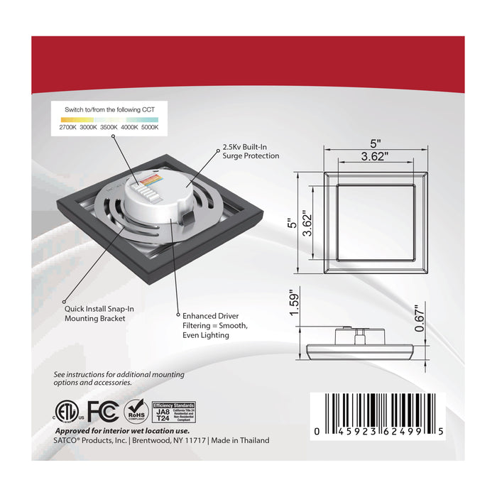 SATCO/NUVO Blink - 9W 5 Inch LED Fixture CCT Selectable 2700K/3000K/3500K/4000K/5000K Square Shape Black Finish 120V (62-1705)