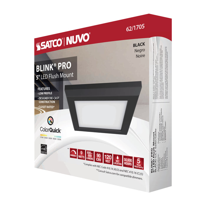 SATCO/NUVO Blink - 9W 5 Inch LED Fixture CCT Selectable 2700K/3000K/3500K/4000K/5000K Square Shape Black Finish 120V (62-1705)