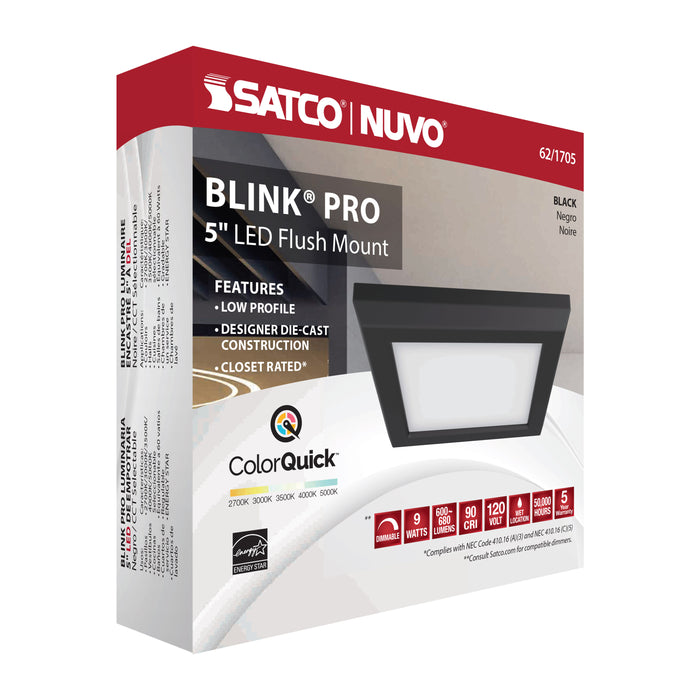 SATCO/NUVO Blink - 9W 5 Inch LED Fixture CCT Selectable 2700K/3000K/3500K/4000K/5000K Square Shape Black Finish 120V (62-1705)