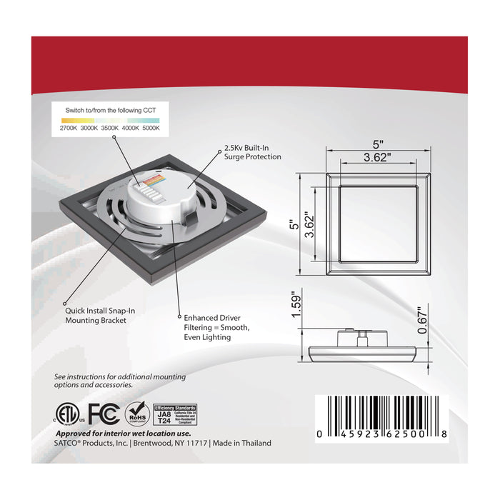 SATCO/NUVO Blink - 9W 5 Inch LED Fixture CCT Selectable 2700K/3000K/3500K/4000K/5000K Square Shape Bronze Finish 120V (62-1706)