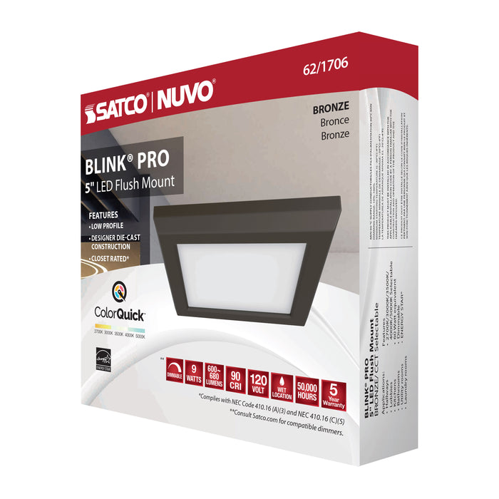 SATCO/NUVO Blink - 9W 5 Inch LED Fixture CCT Selectable 2700K/3000K/3500K/4000K/5000K Square Shape Bronze Finish 120V (62-1706)
