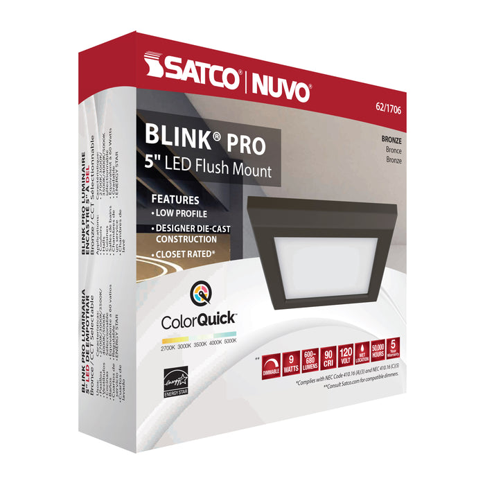 SATCO/NUVO Blink - 9W 5 Inch LED Fixture CCT Selectable 2700K/3000K/3500K/4000K/5000K Square Shape Bronze Finish 120V (62-1706)