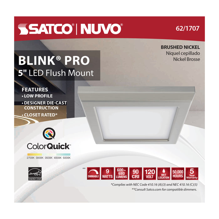 SATCO/NUVO Blink - 9W 5 Inch LED Fixture CCT Selectable 2700K/3000K/3500K/4000K/5000K Square Shape Brushed Nickel Finish 120V (62-1707)