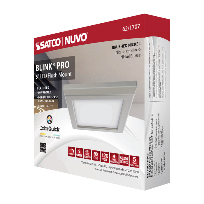SATCO/NUVO Blink - 9W 5 Inch LED Fixture CCT Selectable 2700K/3000K/3500K/4000K/5000K Square Shape Brushed Nickel Finish 120V (62-1707)