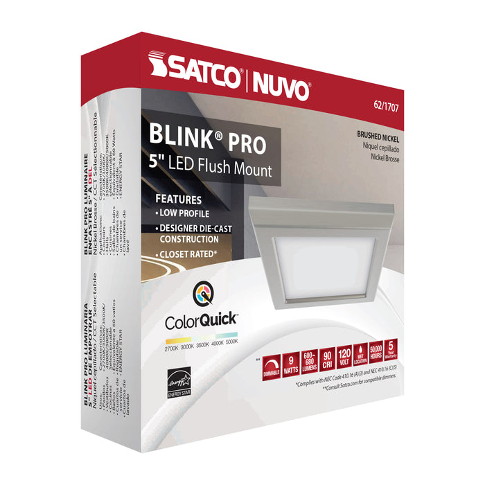 SATCO/NUVO Blink - 9W 5 Inch LED Fixture CCT Selectable 2700K/3000K/3500K/4000K/5000K Square Shape Brushed Nickel Finish 120V (62-1707)