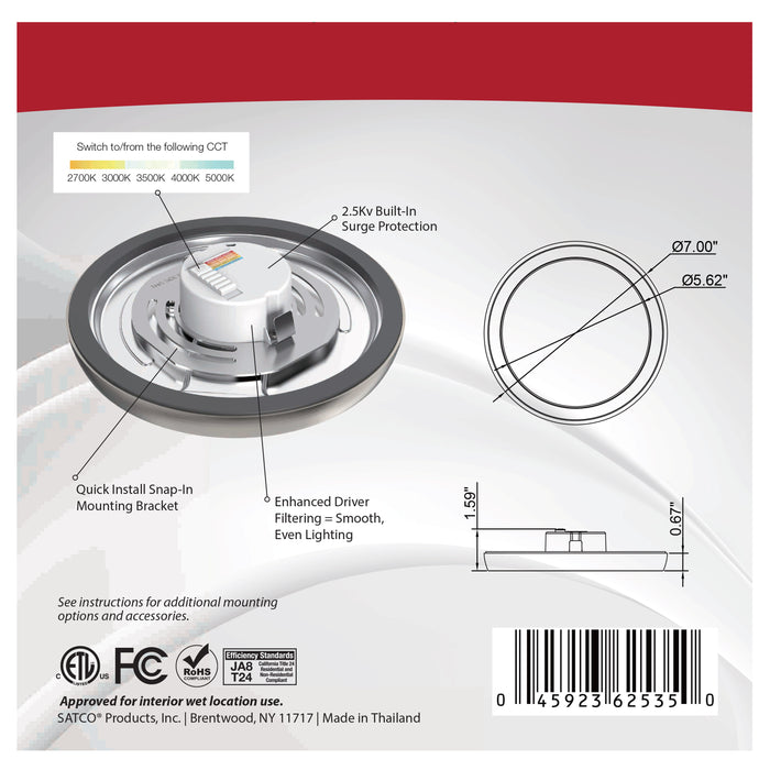 SATCO/NUVO Blink - 11W 7 Inch LED Fixture CCT Selectable 2700K/3000K/3500K/4000K/5000K Round Shape Brushed Nickel Finish 120V (62-1713)