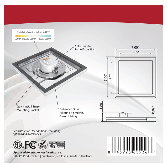 SATCO/NUVO Blink - 11W 7 Inch LED Fixture CCT Selectable 2700K/3000K/3500K/4000K/5000K Square Shape White Finish 120V (62-1714)