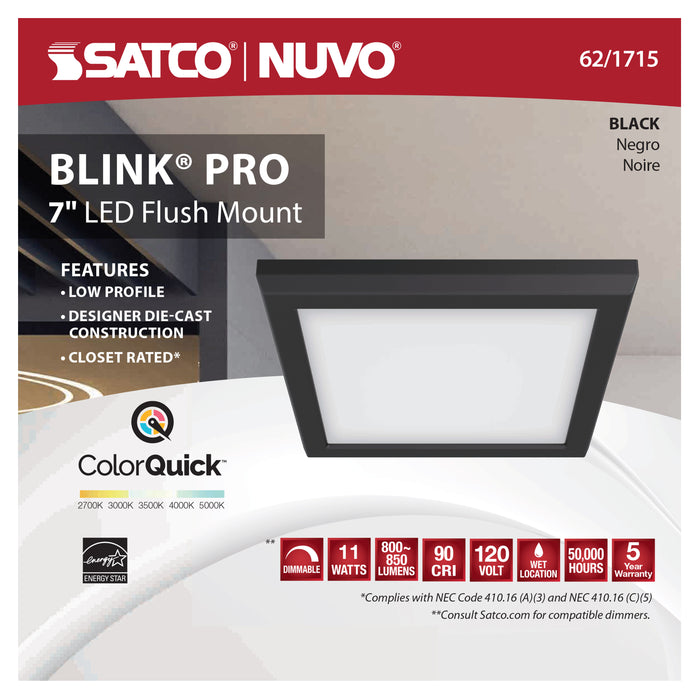 SATCO/NUVO Blink - 11W 7 Inch LED Fixture CCT Selectable 2700K/3000K/3500K/4000K/5000K Square Shape Black Finish 120V (62-1715)