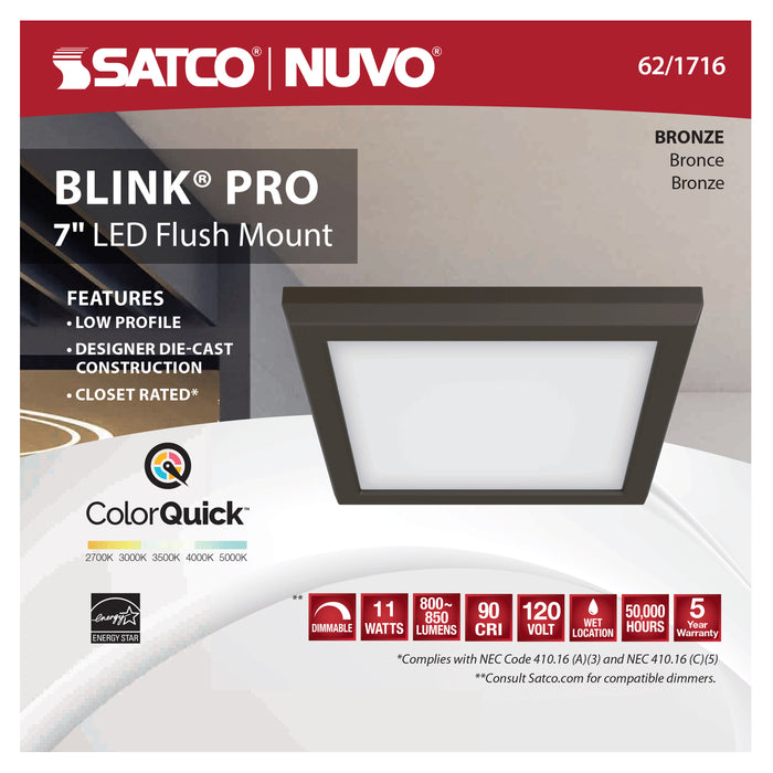 SATCO/NUVO Blink - 11W 7 Inch LED Fixture CCT Selectable 2700K/3000K/3500K/4000K/5000K Square Shape Bronze Finish 120V (62-1716)