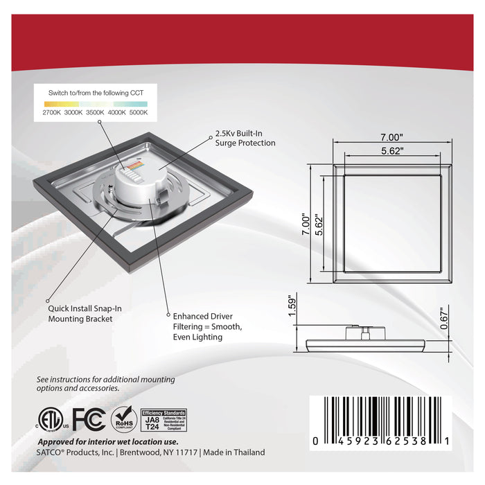 SATCO/NUVO Blink - 11W 7 Inch LED Fixture CCT Selectable 2700K/3000K/3500K/4000K/5000K Square Shape Bronze Finish 120V (62-1716)