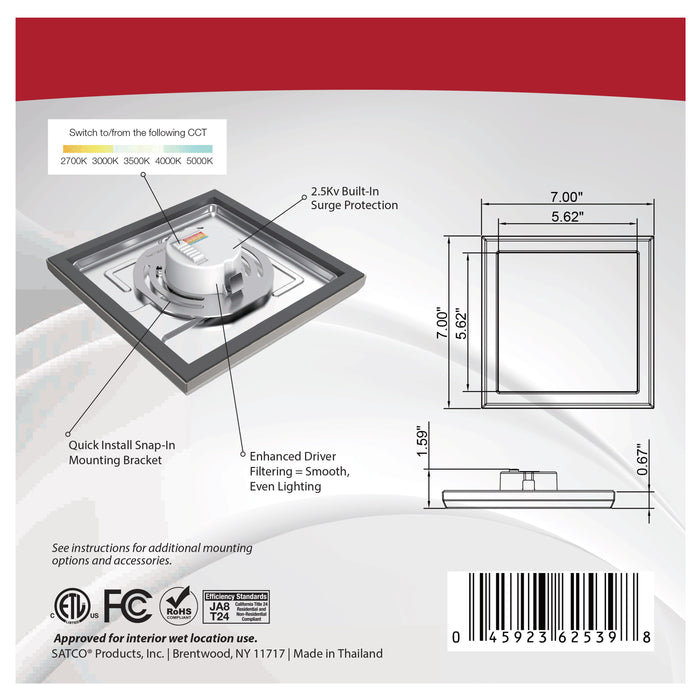SATCO/NUVO Blink - 11W 7 Inch LED Fixture CCT Selectable 2700K/3000K/3500K/4000K/5000K Square Shape Brushed Nickel Finish 120V (62-1717)