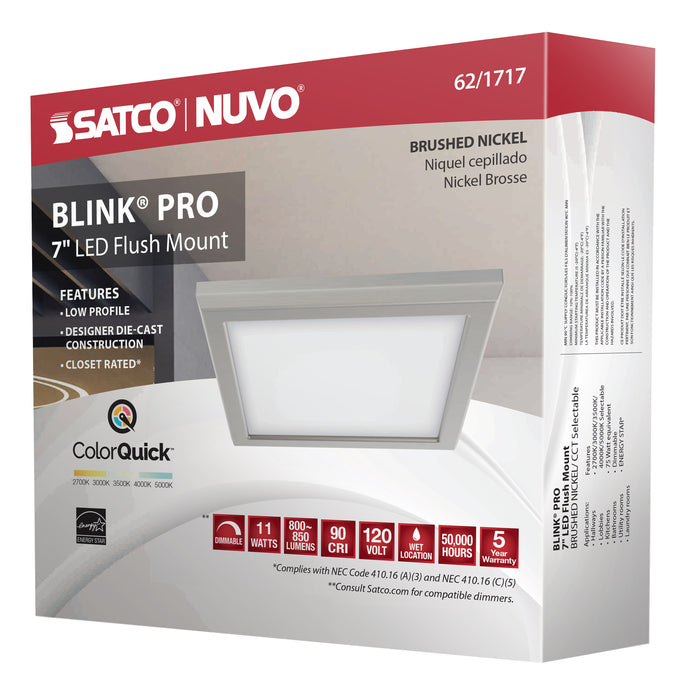 SATCO/NUVO Blink - 11W 7 Inch LED Fixture CCT Selectable 2700K/3000K/3500K/4000K/5000K Square Shape Brushed Nickel Finish 120V (62-1717)
