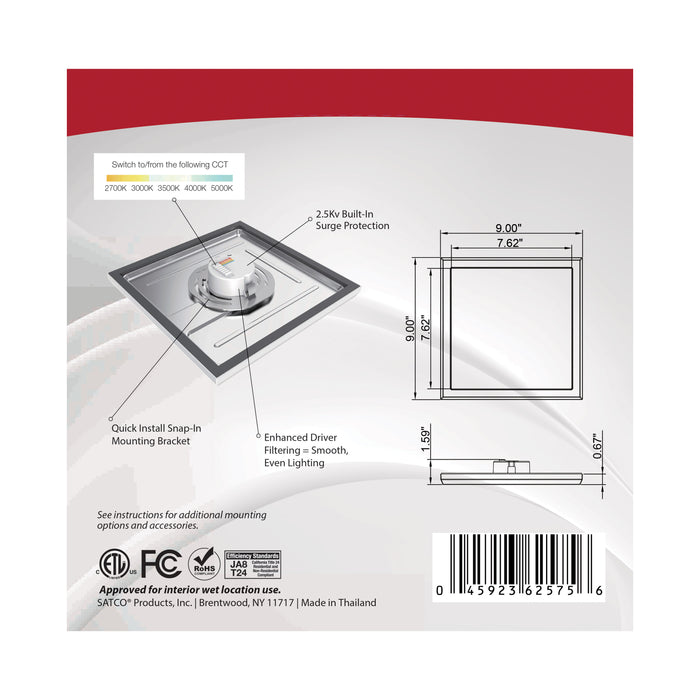 SATCO/NUVO Blink - 13W 9 Inch LED Fixture CCT Selectable 2700K/3000K/3500K/4000K/5000K Square Shape White Finish 120V (62-1724)