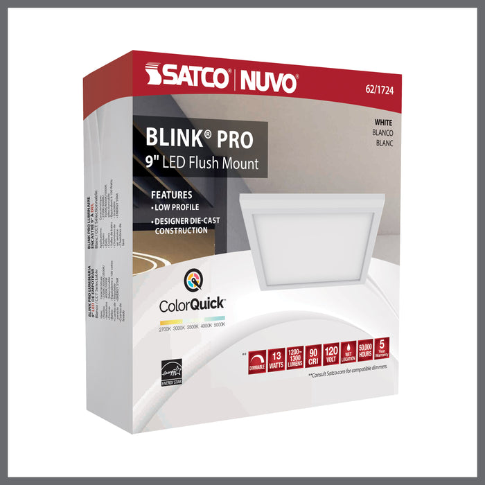 SATCO/NUVO Blink - 13W 9 Inch LED Fixture CCT Selectable 2700K/3000K/3500K/4000K/5000K Square Shape White Finish 120V (62-1724)