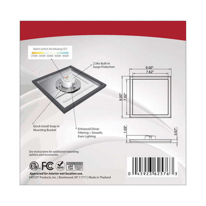 SATCO/NUVO Blink - 13W 9 Inch LED Fixture CCT Selectable 2700K/3000K/3500K/4000K/5000K Square Shape Black Finish 120V (62-1725)