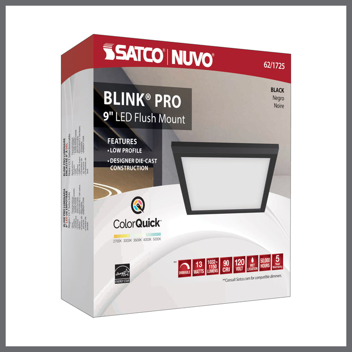 SATCO/NUVO Blink - 13W 9 Inch LED Fixture CCT Selectable 2700K/3000K/3500K/4000K/5000K Square Shape Black Finish 120V (62-1725)