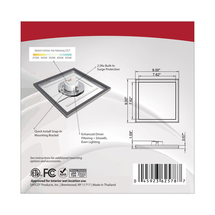 SATCO/NUVO Blink - 13W 9 Inch LED Fixture CCT Selectable 2700K/3000K/3500K/4000K/5000K Square Shape Brushed Nickel Finish 120V (62-1727)