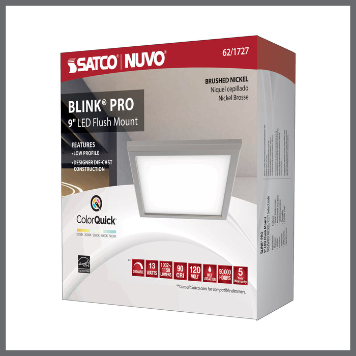 SATCO/NUVO Blink - 13W 9 Inch LED Fixture CCT Selectable 2700K/3000K/3500K/4000K/5000K Square Shape Brushed Nickel Finish 120V (62-1727)