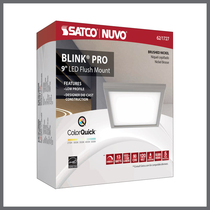 SATCO/NUVO Blink - 13W 9 Inch LED Fixture CCT Selectable 2700K/3000K/3500K/4000K/5000K Square Shape Brushed Nickel Finish 120V (62-1727)