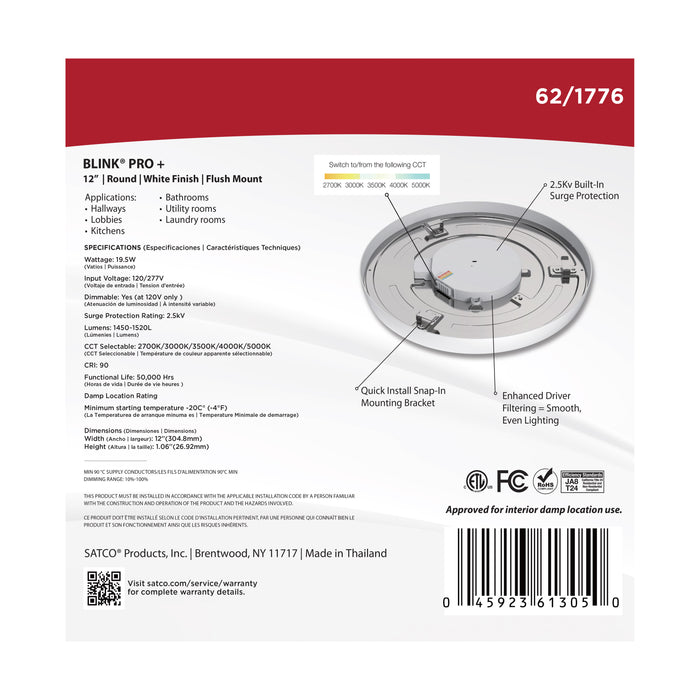 SATCO/NUVO Blink Pro - 19.5W 12 Inch Surface Mount LED CCT Selectable 2700K/3000K/3500K/4000K/5000K 90 CRI White 120/277V Round Shape (62-1776)