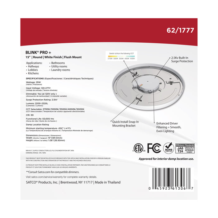 SATCO/NUVO Blink Pro - 29W 15 Inch Surface Mount LED CCT Selectable 2700K/3000K/3500K/4000K/5000K 90 CRI White 120/277V Round Shape (62-1777)