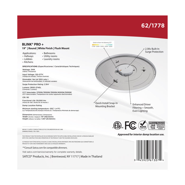 SATCO/NUVO Blink Pro - 34W 19 Inch Surface Mount LED CCT Selectable 2700K/3000K/3500K/4000K/5000K 90 CRI White 120/277V Round Shape (62-1778)
