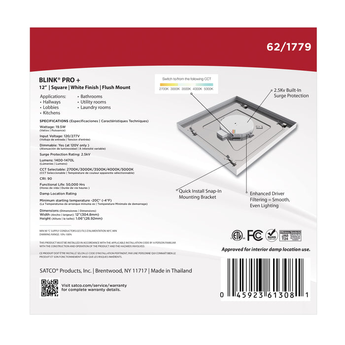 SATCO/NUVO Blink Pro - 19.5W 12 Inch Surface Mount LED CCT Selectable 2700K/3000K/3500K/4000K/5000K 90 CRI White 120/277V Square Shape (62-1779)