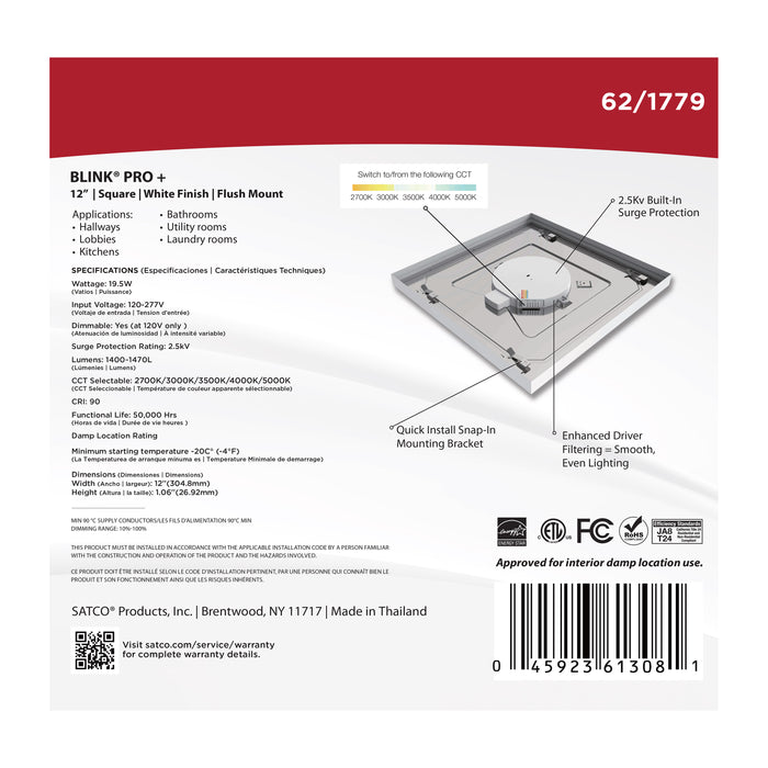 SATCO/NUVO Blink Pro - 19.5W 12 Inch Surface Mount LED CCT Selectable 2700K/3000K/3500K/4000K/5000K 90 CRI White 120/277V Square Shape (62-1779)
