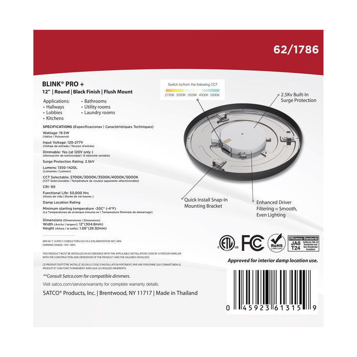SATCO/NUVO Blink Pro - 19.5W 12 Inch Surface Mount LED CCT Selectable 2700K/3000K/3500K/4000K/5000K 90 CRI Black 120/277V Round Shape (62-1786)