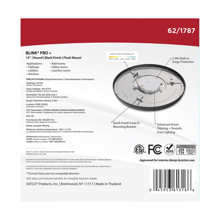 SATCO/NUVO Blink Pro - 29.5W 15 Inch Surface Mount LED CCT Selectable 2700K/3000K/3500K/4000K/5000K 90 CRI Black 120/277V Round Shape (62-1787)