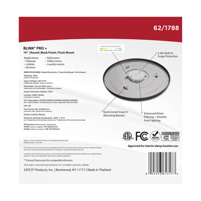 SATCO/NUVO Blink Pro - 34W 19 Inch Surface Mount LED CCT Selectable 2700K/3000K/3500K/4000K/5000K 90 CRI Black 120/277V Round Shape (62-1788)