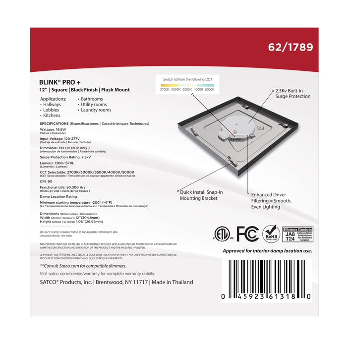 SATCO/NUVO Blink Pro - 19.5W 12 Inch Surface Mount LED CCT Selectable 2700K/3000K/3500K/4000K/5000K 90 CRI Black 120/277V Square Shape (62-1789)