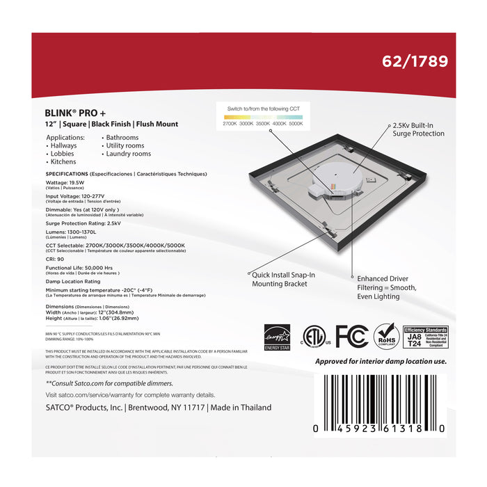 SATCO/NUVO Blink Pro - 19.5W 12 Inch Surface Mount LED CCT Selectable 2700K/3000K/3500K/4000K/5000K 90 CRI Black 120/277V Square Shape (62-1789)