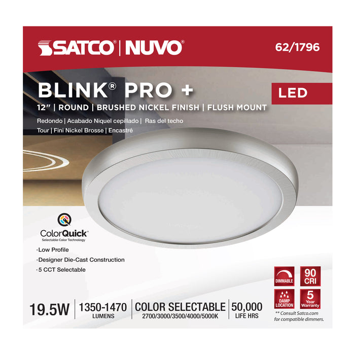 SATCO/NUVO 12 Inch Round LED Blink Pro Plus 19.5W CCT Selectable 2700K/3000K/3500K/4000K/5000K 120-277V Dimmable Brushed Nickel (62-1796)