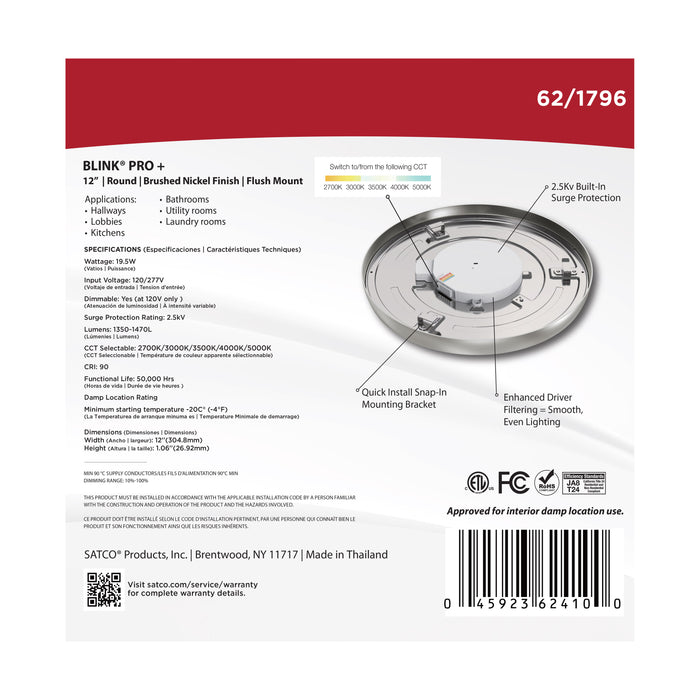 SATCO/NUVO 12 Inch Round LED Blink Pro Plus 19.5W CCT Selectable 2700K/3000K/3500K/4000K/5000K 120-277V Dimmable Brushed Nickel (62-1796)