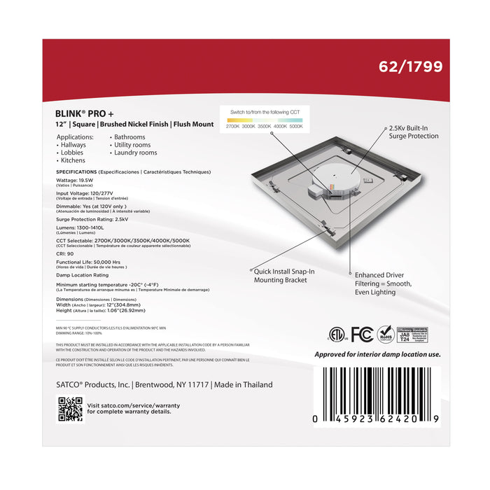 SATCO/NUVO 12 Inch Square LED Blink Pro Plus 19.5W CCT Selectable 2700K/3000K/3500K/4000K/5000K 120-277V Dimmable Brushed Nickel (62-1799)