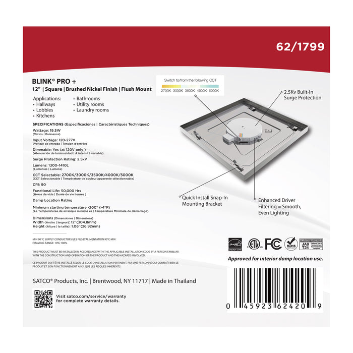 SATCO/NUVO 12 Inch Square LED Blink Pro Plus 19.5W CCT Selectable 2700K/3000K/3500K/4000K/5000K 120-277V Dimmable Brushed Nickel (62-1799)