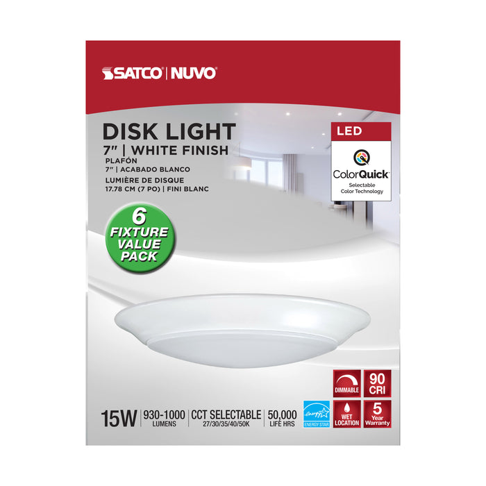SATCO/NUVO 15W 7 Inch LED Disk Light CCT Selectable 2700K/3000K/3500K/4000K/5000K 120V 93 CRI Dimmable White -6 Unit Value Pack (62-1800)