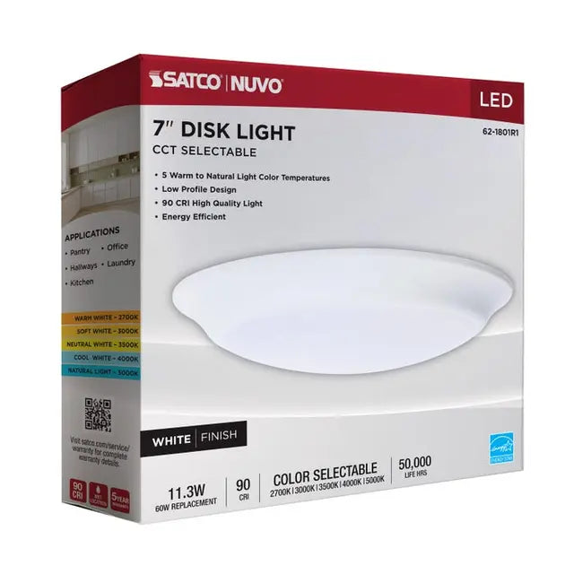 SATCO/NUVO 7 Inch LED Disk Light CCT Selectable 2700K/3000K/3500K/4000K/5000K White Finish (62-1801R1)