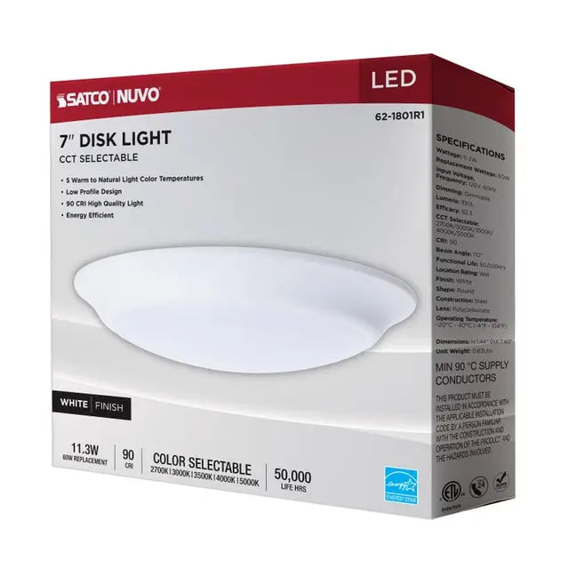 SATCO/NUVO 7 Inch LED Disk Light CCT Selectable 2700K/3000K/3500K/4000K/5000K White Finish (62-1801R1)