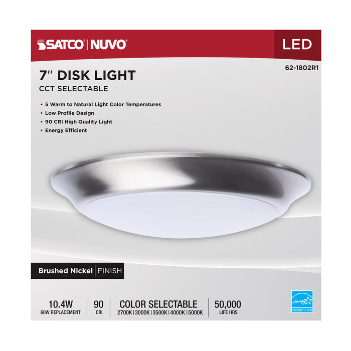 SATCO/NUVO 7 Inch LED Disk Light CCT Selectable 2700K/3000K/3500K/4000K/5000K Brushed Nickel Finish (62-1802R1)
