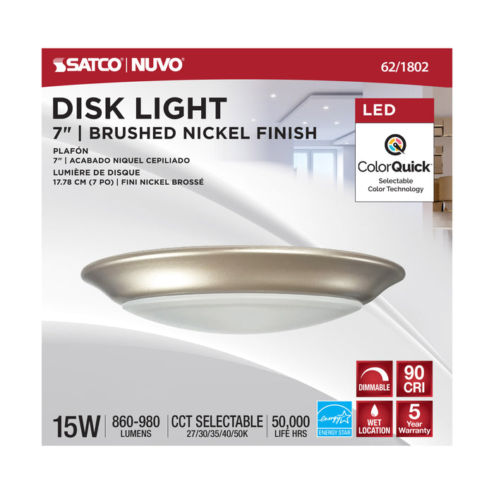 SATCO/NUVO 15W 7 Inch LED Disk Light CCT Selectable 2700K/3000K/3500K/4000K/5000K Brushed Nickel Finish (62-1802)