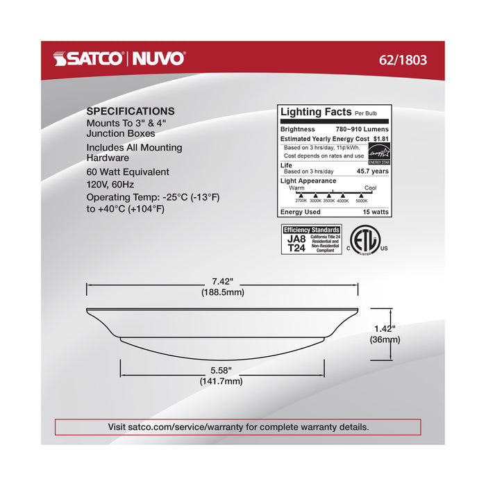 SATCO/NUVO 15W 7 Inch LED Disk Light CCT Selectable 2700K/3000K/3500K/4000K/5000K Bronze Finish (62-1803)