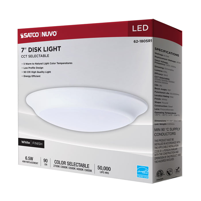 SATCO/NUVO 6.5W 7 Inch LED Disk Light CCT Selectable 2700K/3000K/3500K/4000K/5000K White Finish (62-1805R1)