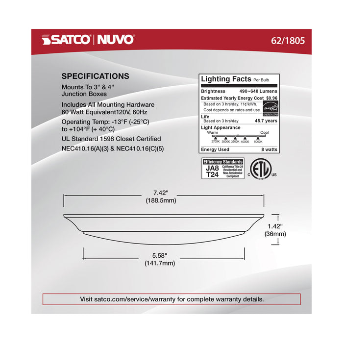 SATCO/NUVO 8W 7 Inch LED Disk Light White Finish CCT Selectable (62-1805)