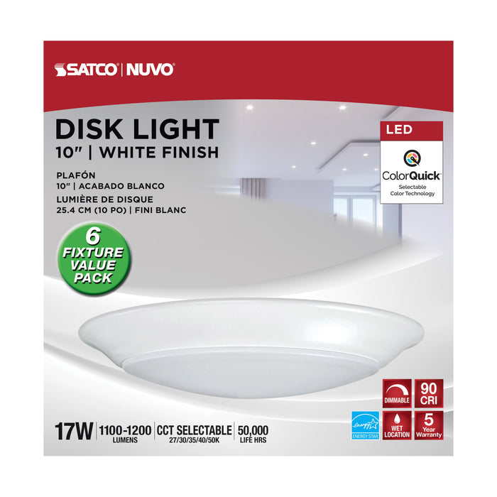 SATCO/NUVO 17W 10 Inch LED Disk Light CCT Selectable 2700K/3000K/3500K/4000K/5000K 120V 93 CRI Dimmable White -6 Unit Value Pack (62-1810)