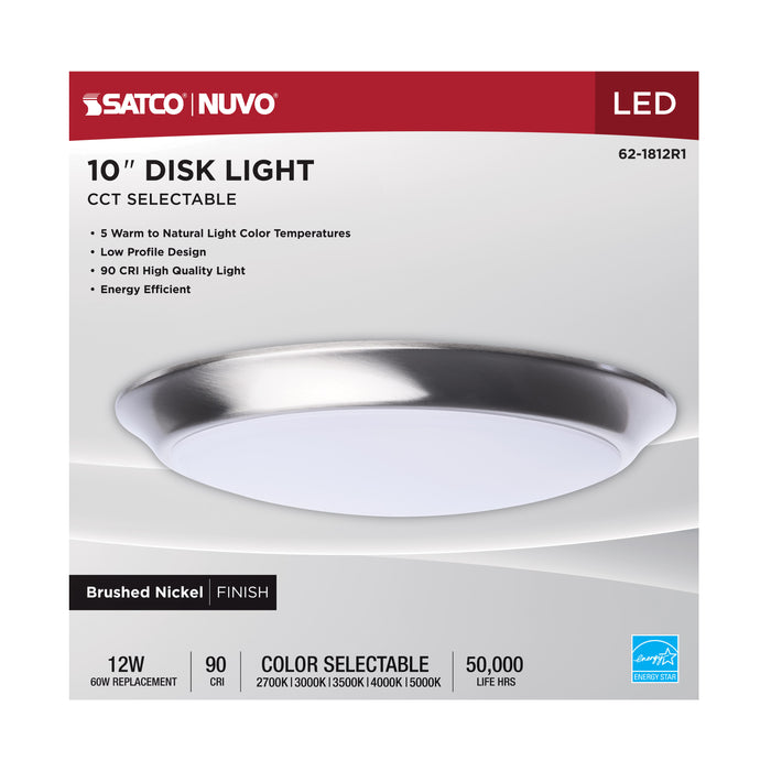 SATCO/NUVO 10 Inch LED Disk Light CCT Selectable 2700K/3000K/3500K/4000K/5000K Brushed Nickel Finish (62-1812R1)