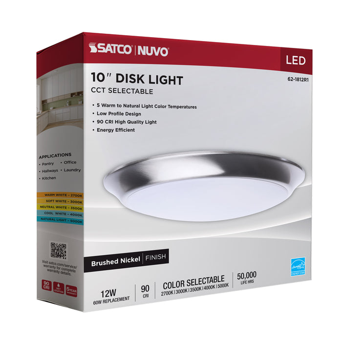 SATCO/NUVO 10 Inch LED Disk Light CCT Selectable 2700K/3000K/3500K/4000K/5000K Brushed Nickel Finish (62-1812R1)