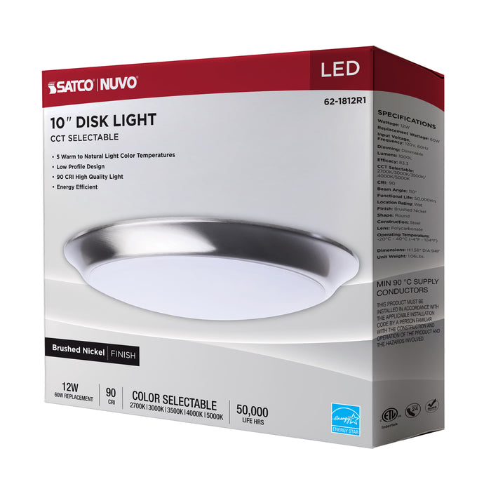 SATCO/NUVO 10 Inch LED Disk Light CCT Selectable 2700K/3000K/3500K/4000K/5000K Brushed Nickel Finish (62-1812R1)