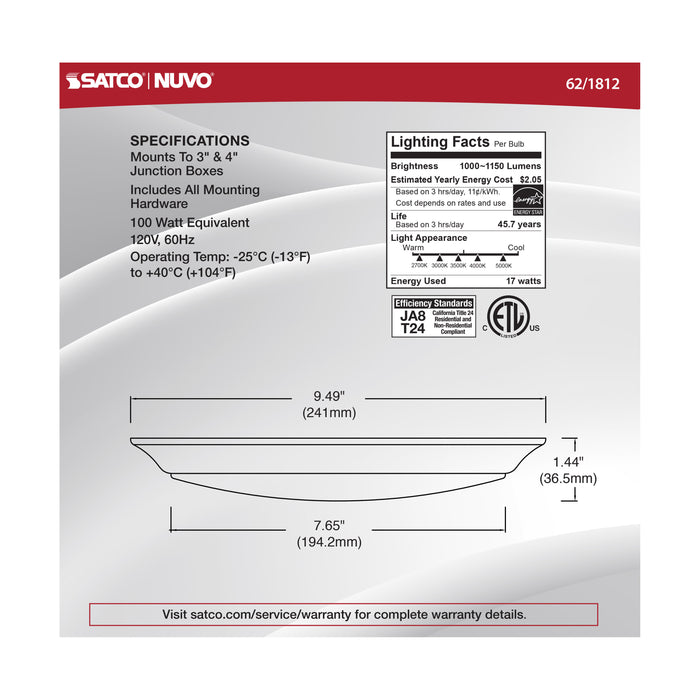 SATCO/NUVO 17W 10 Inch LED Disk Light CCT Selectable 2700K/3000K/3500K/4000K/5000K Brushed Nickel Finish (62-1812)